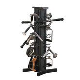 Accessory storage rack for home gym, designed to organize bars, ropes, straps, and weights efficiently.